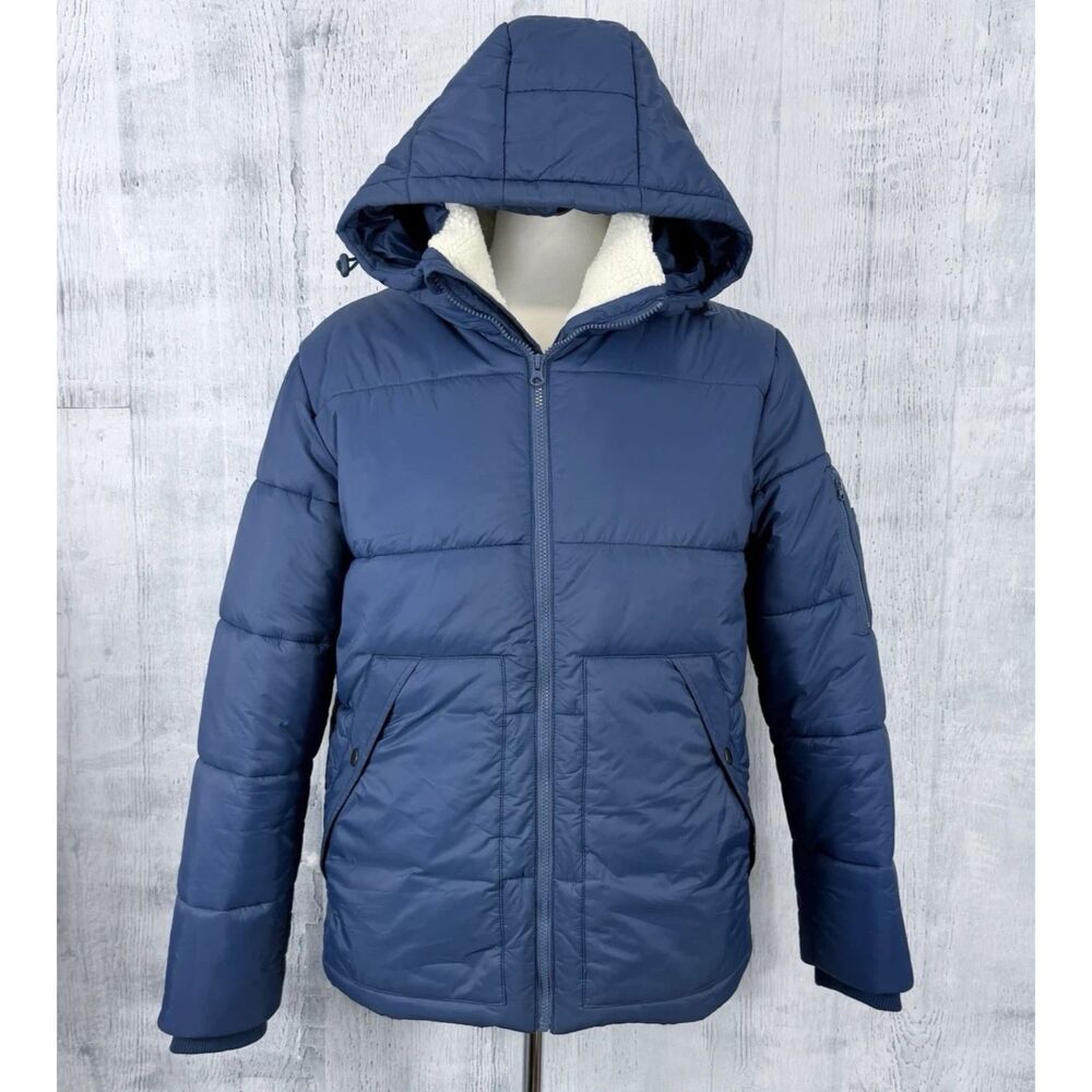 Banana Republic Puffer Jacket Size M Blue Hooded Sherpa Collar NWT